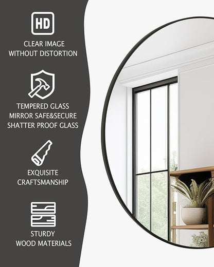 Black Round Mirror,Bathroom 30 Inch Vanity Wall Mirror,Modern Circle Mirror for Wall,Wood Mirror for Bedroom Living Room Entryway