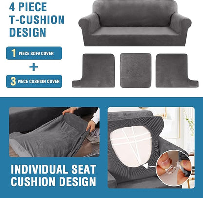 H.VERSAILTEX 4 Piece T Cushion Sofa Slipcovers Thick Velvet Stretch Couch Cover Furniture Protector for 3 Couch Covers with 3 Individual T Cushion Covers Washable, Grey