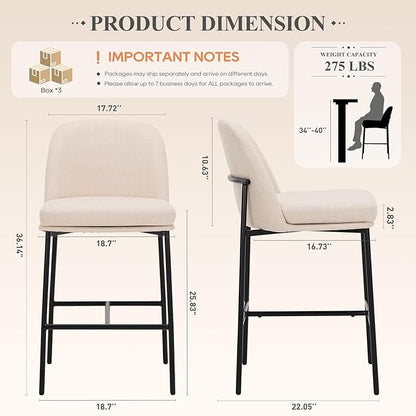 COLAMY Counter Height Bar Stools Set of 6, 25 Inch Modern Fabric Kitchen Island Stools with Back, Upholstered Counter Barstools Armless Bar Chairs with Metal Legs for Island Dining Room Bar, Beige