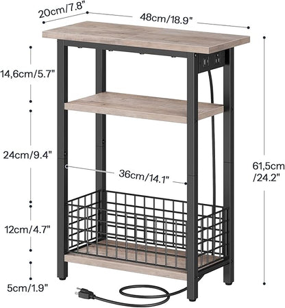 HOOBRO Narrow Side Table with Charging Station and LED Light, Small End Table with Storage, Skinny Nightstand with USB Port, Slim Bedside Table for Small Spaces, Living Room, Greige BG242UDBZ01