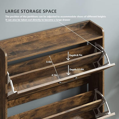 Maupvit Shoe Storage Cabinet with 2 Flip Drawers, Freestanding Shoe Organizer with Metal Legs for Entryway, Narrow Shoe Rack Cabinet, Rustic Brown