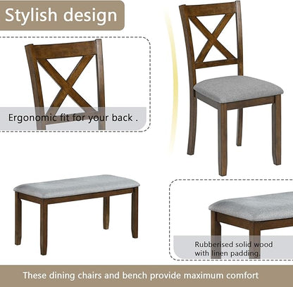 KEIKI 6-Piece Standard Height Dining Table Set with Rectangular Table, 4 Upholstered X-Shaped Backrset Chair, Bench, for 6 Person, Modern Table Set, Easy Assembly, for Kitchen, Dining Room, Walnut