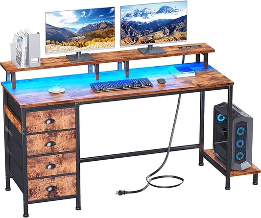 Furologee 55 Inch Computer Desk Gaming with 4 Fabric Drawers with Power Outlets and LED Lights for Home Office with Full Monitor Stand and Shelf Study Table for Small Spaces Rustic Brown
