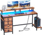 Furologee 55 Inch Computer Desk Gaming with 4 Fabric Drawers with Power Outlets and LED Lights for Home Office with Full Monitor Stand and Shelf Study Table for Small Spaces Rustic Brown