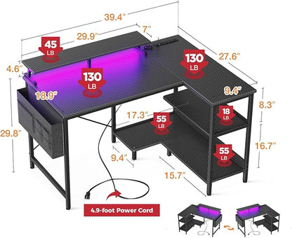 ODK 40 Inch Gaming Desk with USB Power Outlets and LED Lights, Reversible L Shaped Computer Desk with Storage Shelves & Monitor Stand, Corner Home Office Desk Table, Carbon Fiber Surface, Black