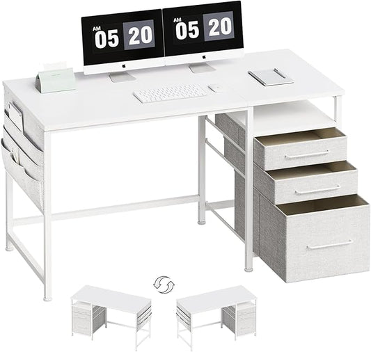 Ｍａｉｈａｉｌ Maihail Small Desk with Drawers, 47 inch Computer Desk with Shelves, Writing Desk with Storage, Small Office Desk with Metal Frame, White