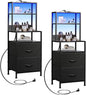 WLIVE Nightstand Set of 2 with Charging Station, LED Night Stand Sets with 2 Drawers and 4 Storage Open Shelves, Fabric Dressers for Bedroom, Black