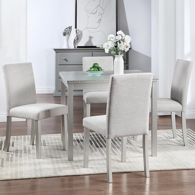 Ball & Cast 5 Piece Dining Table Set,Kitchen Table Set for 4 W/ 34.5" Square Wooden Dining Table,Living Room Furniture W/ 4 Upholstered Chairs,for Dining Room,Kitchen,Restaurant,Silver Gray