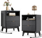 Fluted Nightstand Set of 2 with Charging Station, 19.7 inch Wide End Table with 2 Drawers, Modern Wood Bedside Table for Bedroom, Black