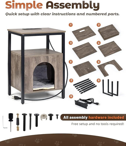 Cat End Table with Charging Station, Indoor Cat House Side Table with Bed, Cat Cave Hideaway Night Stand, Greige