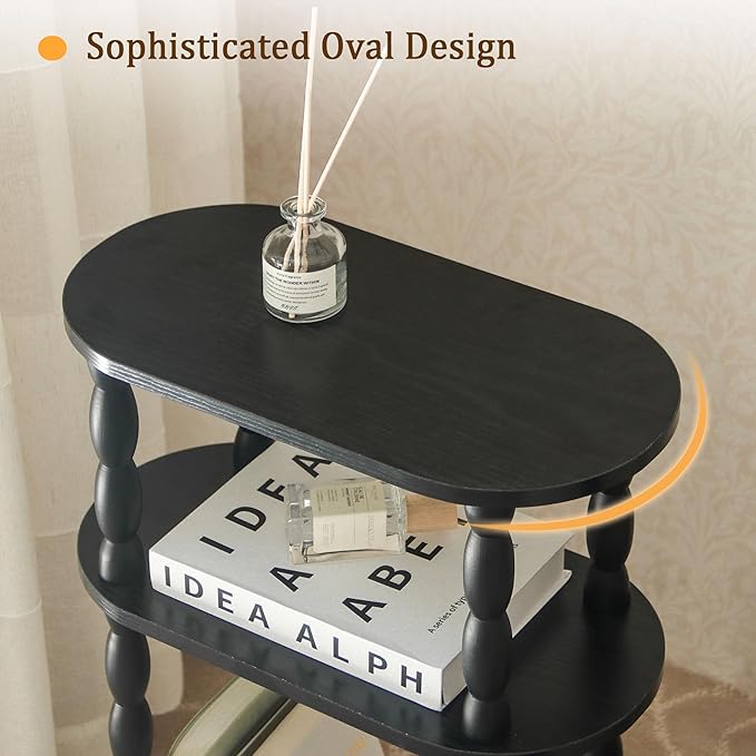 MaxSmeo Small Narrow Side Table, 3-Tier Narrow End Table with Storage, Skinny Side Table Nightstand for Small Space, Bedrooms, Living Room (Black)