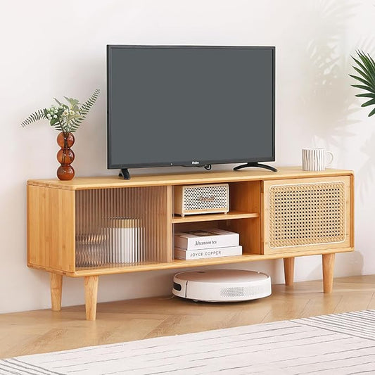 Tiita Rattan TV Stand for 55 Inch TV, Bamboo TV Cabinet with Adjustable Shelf and Storage, Boho Entertainment Center, Mid Century Modern Media Console for Bedroom, Living Room, Study (Natural)