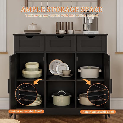Storage Cabinet, Coffee Bar Cabinet with 2 Adjustable Shelves, 3 Drawers, and 2 Doors, for Bathroom, Kitchen, Living Room (Black)