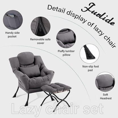 Lazy Chair with Ottoman, Comfy Fabric Accent Lounge Arm Chair with Lumbar Pillow and Folding Footrest, Reading Leisure Sofa Armchair for Bedroom, Living Room, Dorm,Dark Grey