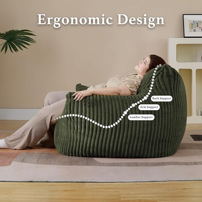 Giant Plush Bean Bag Chair for Adults with Armrests - Oversized Comfy Green Beanbag Lounge Lazy Floor Sofa Accent Chair for Living Room, Bedroom & Dorm, Cozy Fluffy Single Cloud Mini Couch