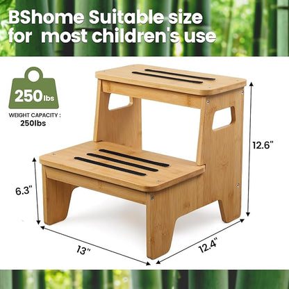 Wooden Step Stools for Kids, Heavy Duty Bamboo 2-Step Stepping Stools for Toddlers, DIY Non-Slip Pads & Handles, for High Bed, Bathroom, Toilet, Kitchen, RV, Natural