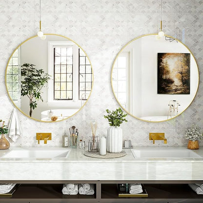 Gold Round Bathroom Mirror, 24 inch Circle Wall Mounted Hanging Mirror with Simple Modern Circular Metal Frame for Hallway, Entryway, Living Room, Gold Frame