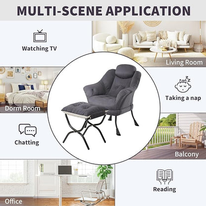 IDEALHOUSE Lazy Chair with Ottoman - Modern Living Room Chairs for Small Spaces, Ergonomic Reading Chair with Armrests, Comfy Chair with Ottoman for Bedroom & Living Room, Grey