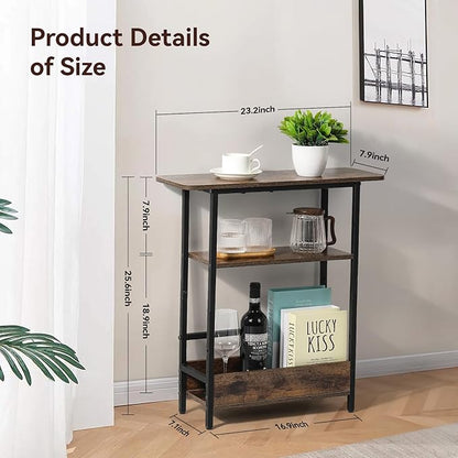 Narrow Side Table for Small Spaces, 3-Tier Small End Table with Storage Shelf and Magazine Holder, Slim and Skinny Nightstand for Bedroom, Living Room Sofa Table for Space Saving, Brown