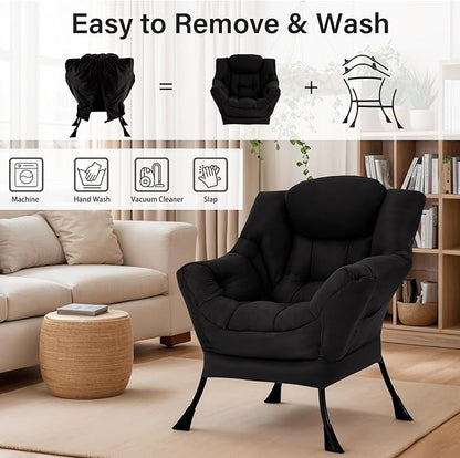 Lazy Chair for Living Room, Modern Accent Chairs with Armrests, Comfy Lounge Chair with Side Pocket, Cozy Lazy Sofa for Reading, Balcony, Bedroom, Dorm, Small Spaces (Black)