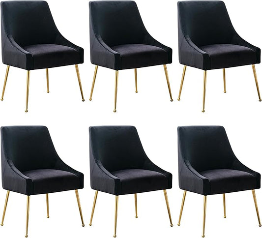 Modern Velvet Dining Chairs Set of 6, Contemporary Upholstered Furniture Collection with Polished Gold Metal Legs, Elegant Accent Chairs for Kitchen Living Room(Black)