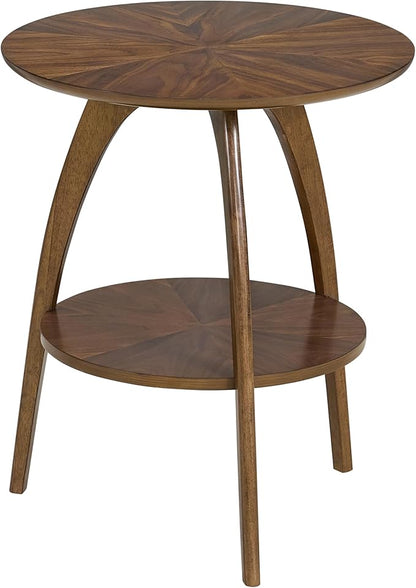 Martin Svensson Home Round Wood Walnut Brown 20" Living Room End Side Accent Table Nightstand with Storage Shelf