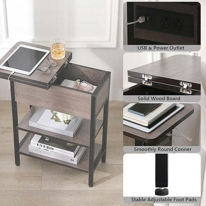 Modern End Table with Charging Station, Narrow Side Table with USB Ports & Outlets, Flip-Top Nightstand with Storage Shelf, Small Bedside Table for Living Room, Bedroom, Small Space, Charcoal Gray