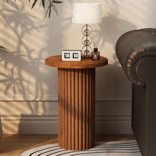 Round Wood Side Table, Fluted Accent Table, Small End Table for Living Room, Bedroom, Fully Assembled