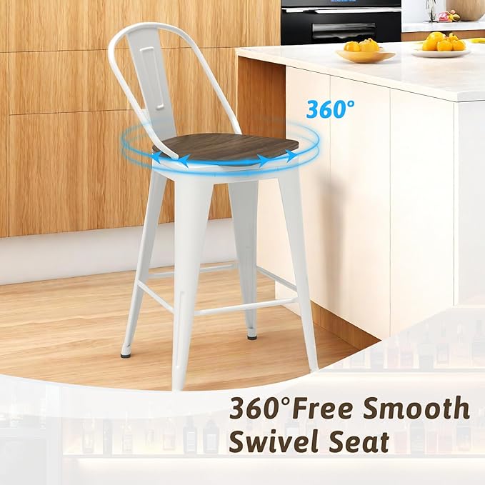 24” Swivel Bar Stools Set of 4, Counter Height Bar Stools Wooden Seat, Metal Industrial Bar Chairs with High Back for Kitchen Island (White)
