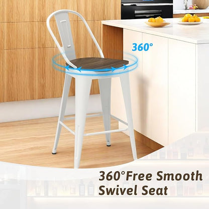 24” Swivel Bar Stools Set of 4, Counter Height Bar Stools Wooden Seat, Metal Industrial Bar Chairs with High Back for Kitchen Island (White)