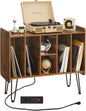 Large Brown Record Player Stand with Vinyl Storage, Power and USB Port, Holds Up to 200 Albums, Turntable Stand with Record Storage Cabinet