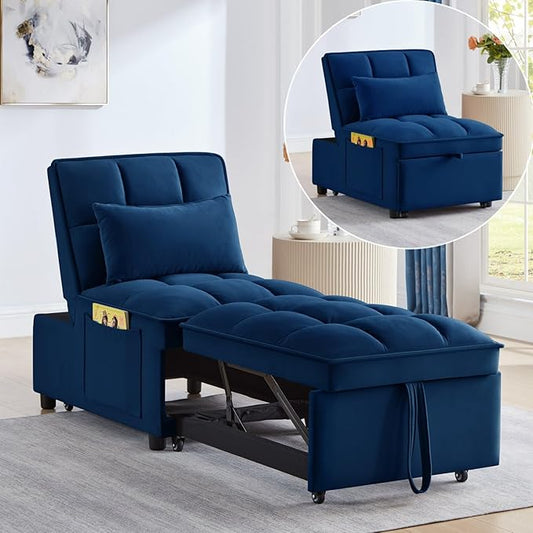 KEIKI Velvet Single Convertible Sleeper Chair Sofa Bed with Adjustable Backrest, Pillows & Storage Pockets, 3 in 1 Pull-Out Couch Chaise Lounge Recliner for Living Room Balcony Bedroom, Navy