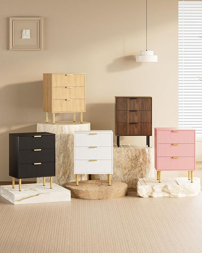 Night Stand,Tall Bedside Table with 3Storage Drawers,Walnut Nightstand,Bedside Furniture,Side Table with Gold Frame,End Table for Bedroom,Living Room