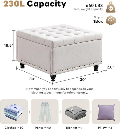 Tbfit Large Square Storage Ottoman Bench, Botton Tufted Upholstered Coffee Table with Wooden Legs, Oversized Storage Ottomans Toy Box Footrest for Living Room, Apartment, Beige