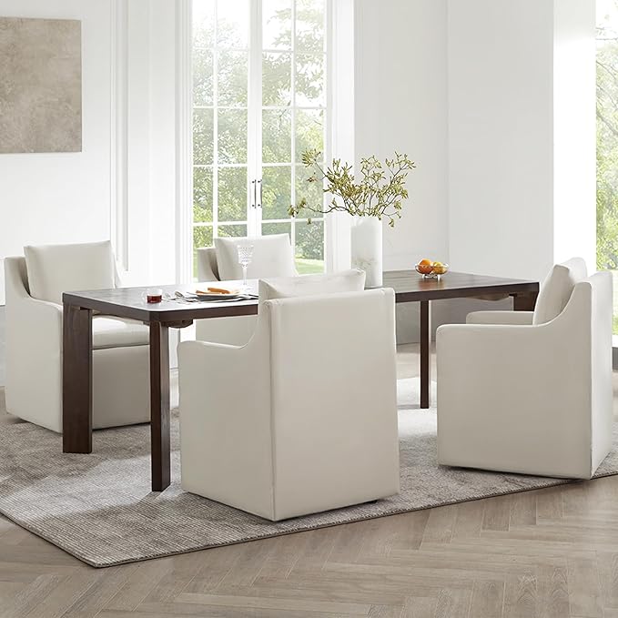Upholstered Dining Chairs with Casters Washable Cover Side Deskchair with Rollers for Diningroom, Living Room, Flax Beige, 1 Box
