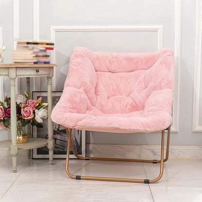 Tiita Comfy Folded Chair, Soft Faux Fur Oversized Folding Accent Chair, Lounge Lazy Chair for Kids Teens Adults, Metal Frame Moon Chair for Bedroom, Living Room, Dorm Rooms, X-Large Pink