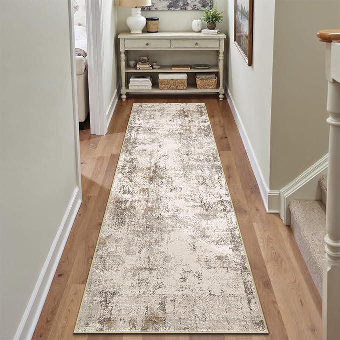 2x10 Washable Runner Rug Brown Grey Neutral Abstract Hallway Kitchen Living Room Bedroom Non Slip Throw Rug Soft Low Pile Indoor Carpet for Entrance Laundry Bathroom