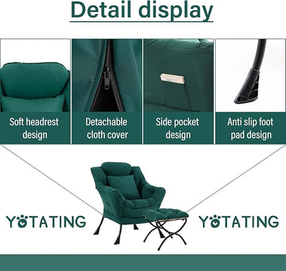 Lazy Chair with Ottoman, Comfy Reading Chair with Footstool & Pillow Modern Lounge Chairs with Armrests & Side Pocket for Living Room, Bedroom, Dorm Room，Dark Green