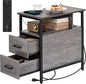 Side Table, Gray End Tables with Charging Station, Narrow End Table with Wooden Drawers, USB Ports and Power Outlets, Nightstand and Bedside Table, Side Table Living Room, Bedroom