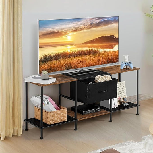 Vrisa TV Stand for 50/55 inch Television TV Cabinet with Open Storage TV Stands with Fabric Drawer Storage Organization TV Stands for Living Room Bedroom, Black+Brown