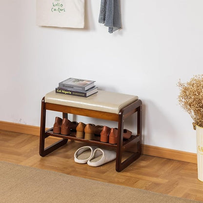 latifolia Solid Wood Bench, Entryway Shoe Bench with Cushion, Flip-Open Storage Compartment, 2-Tier Shoe Organizer(Grey,21.65''L)