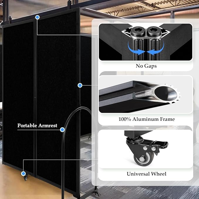 Folding Room Partition,Privacy Room Screen with Arms,Office Dividers Partition Wall,14'3"L* 6'7"H,Black