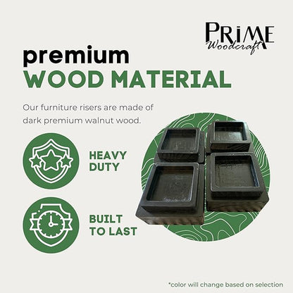 Walnut Wood Risers - 2 Inch Height, 4 Risers, Black - Square Bed Risers for Storage and Cleaning - Heavy Duty Furniture Lifter for Table, Couch and Sofa Legs at Home and Office