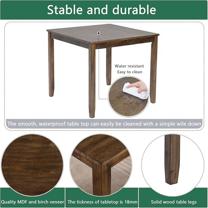 Dining Table Set, Wooden Kitchen Table Set with Square Table, 4 Flat X Backrest Upholstered Chairs, Table and Chairs with Non-Slip Feetmats for 4 People, Living Room and Kitchen, Walnut