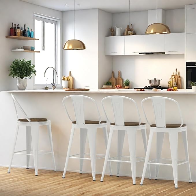 24” Swivel Bar Stools Set of 4, Counter Height Bar Stools Wooden Seat, Metal Industrial Bar Chairs with High Back for Kitchen Island (White)