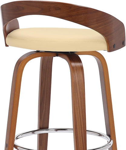 Armen Living Sonia 30" Bar Height Swivel Cream Faux Leather and Walnut Wood Bar Stool