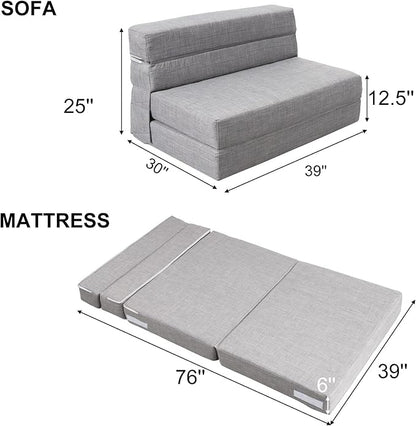 ANONER Folding Sleeper Chair Sofa Bed Lazy Couch with Pillow, Twin Size, Light Gray