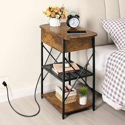 Narrow End Table with Charging Station, Side Table with 3 USB Ports and 2 AC Outlets, Flip Top End Table with Storage, Nightstand with Drawer, Side Tables Living Room, Bedroom, Brown