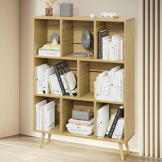 Bookshelf, 3-Tier 8 Cube Open Wooden Book Shelf with Legs, Floor Standing Office Bookcase, Wooden Bookcase for Office Furniture, Cubby Storage Organizer for Living Room/Bedroom