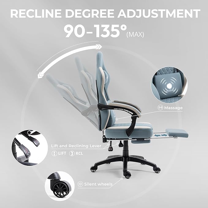 Dowinx Gaming Chair Breathable Fabric Game Chair with Gel Pad and Storage Bag, Comfortable Gamer Chair with Pocket Spring Cushion, Ergonomic Computer Chair with Footrest, Blue